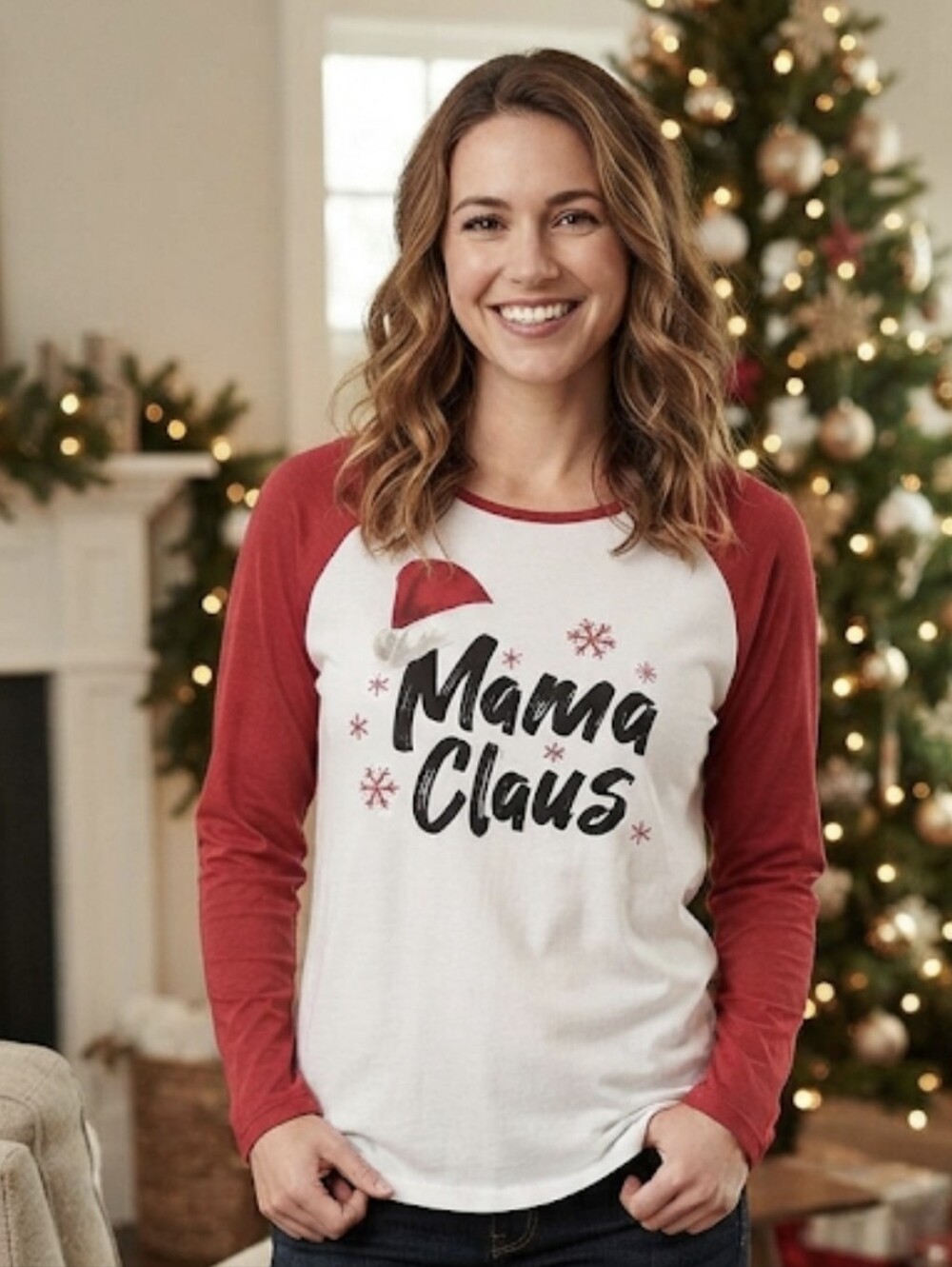 PJ Place Mama Claus Christmas Raglan Pajama Top Holiday Long Sleeve Shirt Large